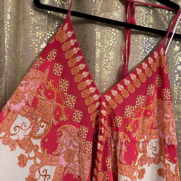 Vici Hot Pink Orange Vineyard Border Print Open Back Hi Low Maxi Dress Medium - Picture 4 of 12